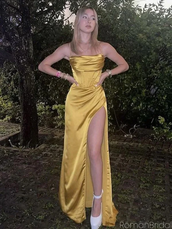 Sexy Spaghetti Strap Sleeveless Mermaid Satin Long Prom Dresses With Slit For Party Online, OL427 Sexy Spaghetti Strap Sleeveless Mermaid Satin Long Prom Dresses With Slit For Party Online, OL427