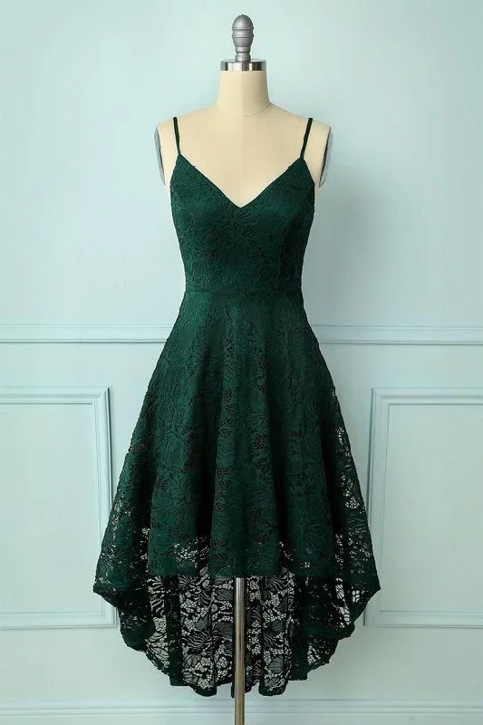 Straps High low Lace Dark Green Homecoming Dress C1099