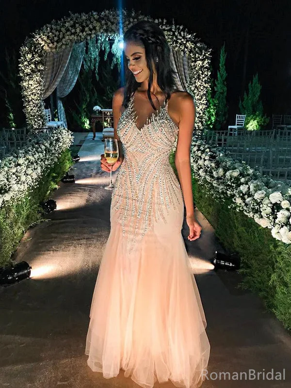 Sexy Spaghetti Strap V-neck Sleeveless Mermaid Tulle Long Prom Dresses For Party Online, OL452 Sexy Spaghetti Strap V-neck Sleeveless Mermaid Tulle Long Prom Dresses For Party Online, OL452