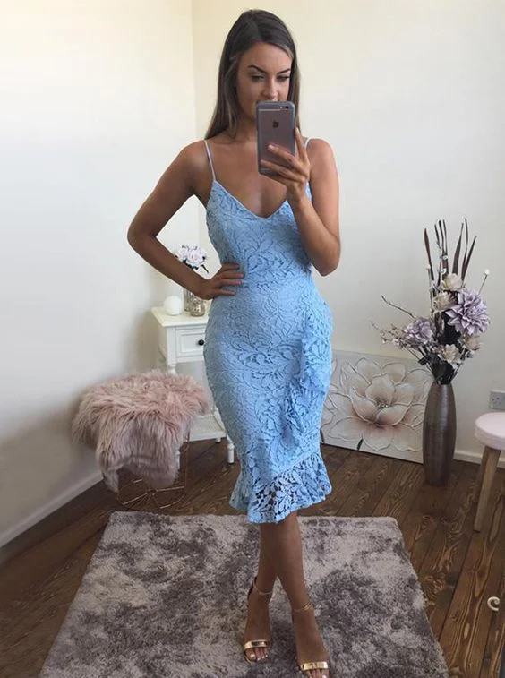 Sheath Spaghetti Straps Tea-Length Light Blue Lace Homecoming Dress with Ruffles C732