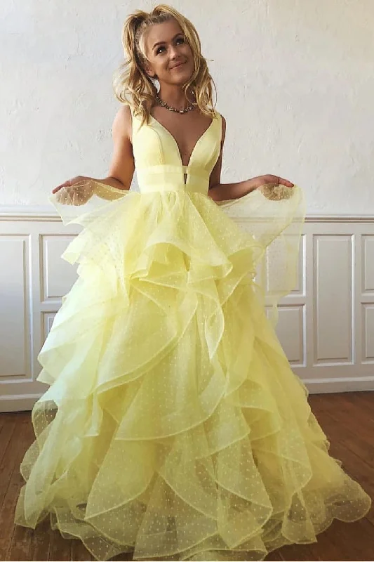 A Line Yellow Multi-layered Polka Dot Organza Prom Dresses Long Sweet 16 STI20388