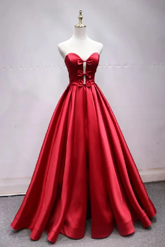 A Line Sweetheart Red Satin Lace Up Long Prom Dresses with Bowknot, Cheap Formal Dresses STI15035 A Line Sweetheart Red Satin Lace Up Long Prom Dresses with Bowknot, Cheap Formal Dresses STI15035