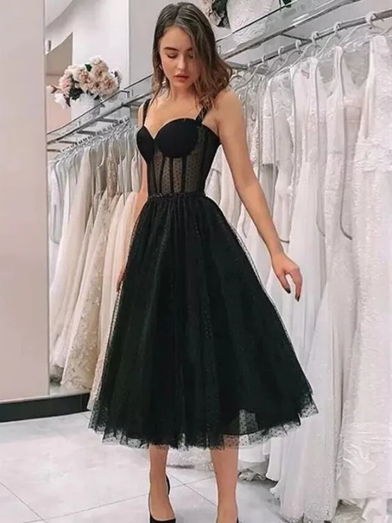 Black Tea Length Sweetheart Neck Prom Dresses, Black Tea Length Formal Homecoming Dresses  C1140