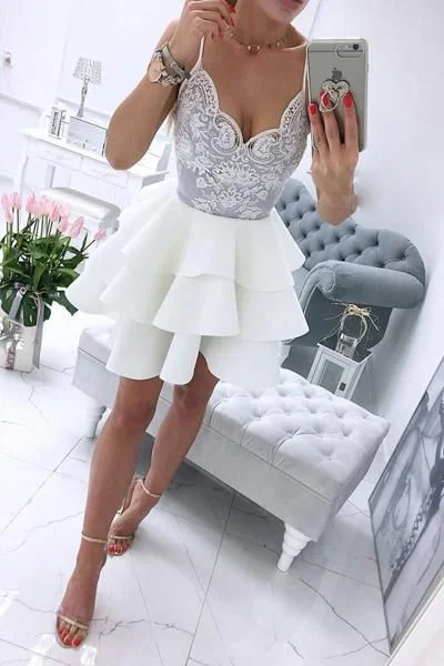 White V-neck Lace Satin A-line Cute Short Homecoming Dresses C615