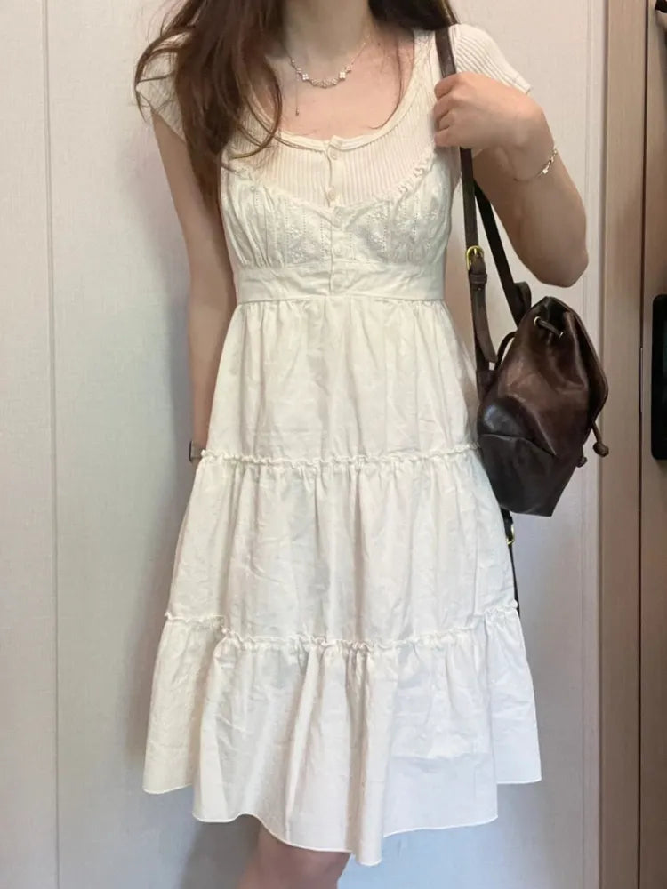 Getadme 1 Casual Women White Front Buttons Lace Spliced Sling Dress Summer Vintage Square Collar Sleeveless Female Chic Bottoms Getadme 1 Casual Women White Front Buttons Lace Spliced Sling Dress Summer Vintage Square Collar Sleeveless Female Chic Bottoms