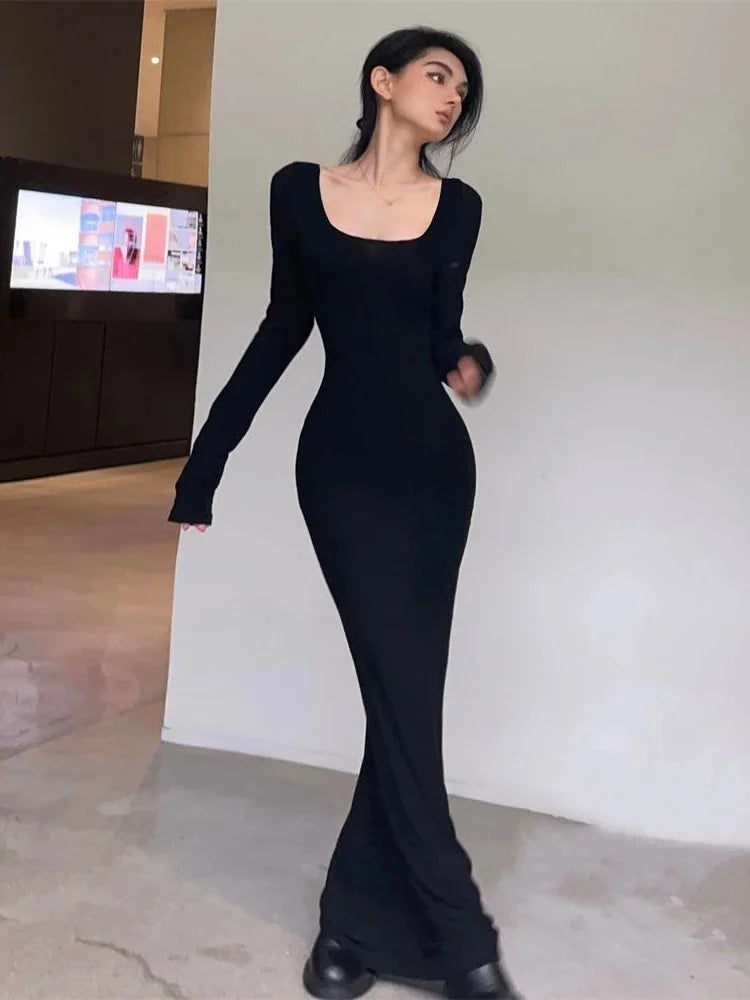 Getadme-Y2K Sexy Black Dress Women Vintage Wrap Slim Bodycon Long Dresses Party Evening Square Collar Fashion Spring Outfits