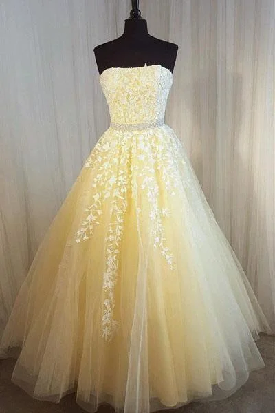 A Line Yellow Strapless Tulle Lace Appliques Prom Dresses, Party STI20389