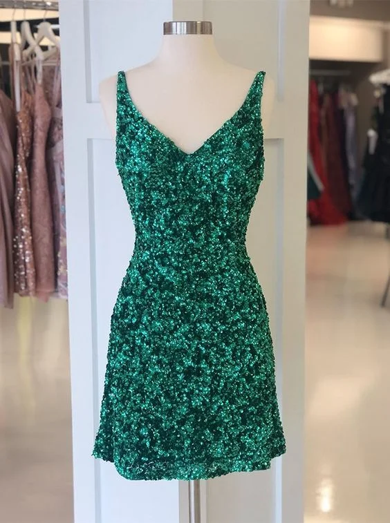 Sequin V-neck Green Homecoming Dress  C1151