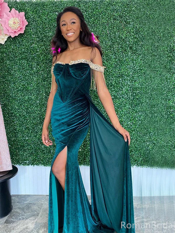 Sexy Off-shoulder Sleeveless Mermaid Velvet Long Prom Dresses For Party Online, OL443 Sexy Off-shoulder Sleeveless Mermaid Velvet Long Prom Dresses For Party Online, OL443