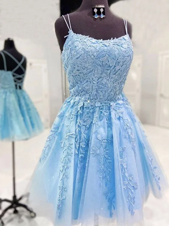 Backless Short Light Blue Lace Formal Graduation Dresses, Lace Homecoming Dresses C604 Backless Short Light Blue Lace Formal Graduation Dresses, Lace Homecoming Dresses C604
