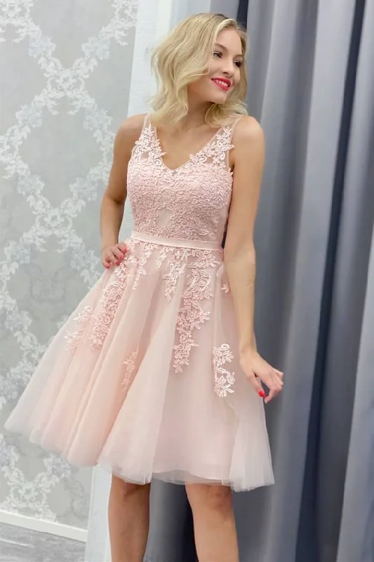 A-line Pink Short Homecoming Dress with Lace Appliques  C1150
