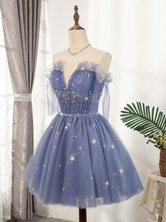 Flowy Cute A-line Blue Homecoming Dresses Short Beading  C1158