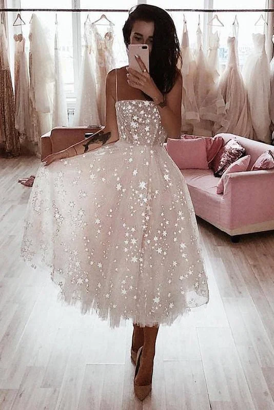 A Line Spaghetti Strap Tea Length Pearl Pink Tulle Prom Homecoming Dress With Beads