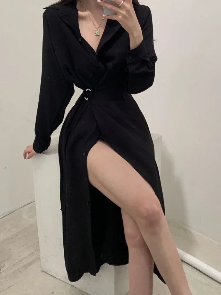 Korean Style Black Midi One Piece Dress Women Coquette Shirt Holiday Dresses Elegant Spilt Long Sleeve Winter Vestidos Korean Style Black Midi One Piece Dress Women Coquette Shirt Holiday Dresses Elegant Spilt Long Sleeve Winter Vestidos