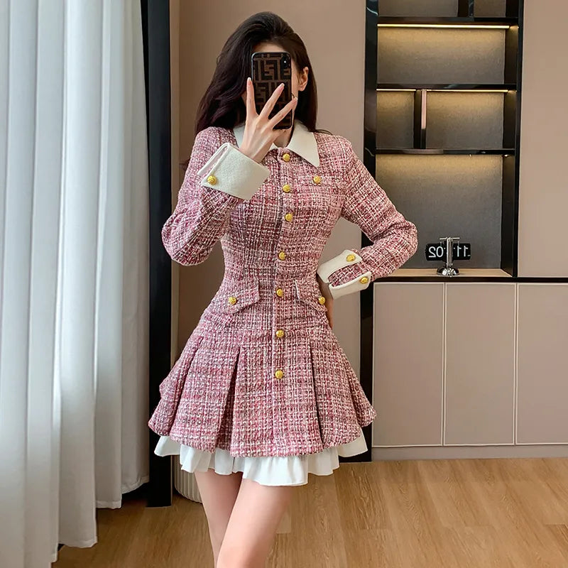 Getadme-Autumn Plaid Patchwork Women Dress Small Fragrance Tweed Single Breasted Sashes Pink Dresses Party Female Korean Vestidos Getadme-Autumn Plaid Patchwork Women Dress Small Fragrance Tweed Single Breasted Sashes Pink Dresses Party Female Korean Vestidos