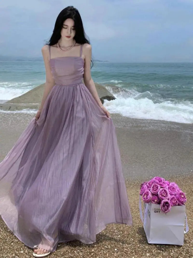 Vintage Spaghetti Strap Purple Long Dresses for Women 2023 Summer Sexy Tulle Pleats Fairy Evening Party Backless Female Clothing Vintage Spaghetti Strap Purple Long Dresses for Women 2023 Summer Sexy Tulle Pleats Fairy Evening Party Backless Female Clothing