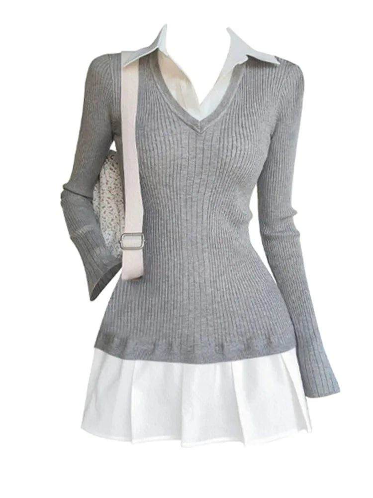 Getadme Autumn Winter Preppy Style Fake Two Pieces Mini Knit Shirts Dress Women Gyaru 2000s Aesthetic Vintage Long Sleeve One-Piece Getadme Autumn Winter Preppy Style Fake Two Pieces Mini Knit Shirts Dress Women Gyaru 2000s Aesthetic Vintage Long Sleeve One-Piece