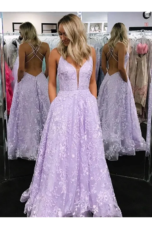 A-Line Floor Length Lace Prom Dresses Backless Formal Gown With STIP99L84FB