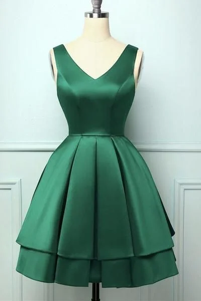 Cute V Neck and V Back Layered Green Short Prom Dress, Short Green Homecoming Dress C719