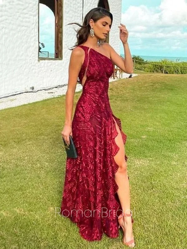 Elegant One-shoulder Sleeveless Mermaid Lace Long Evening Prom Dresses Online, OLP628 Elegant One-shoulder Sleeveless Mermaid Lace Long Evening Prom Dresses Online, OLP628