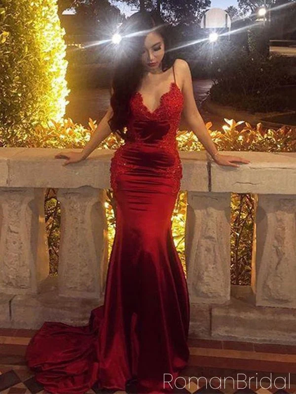 Sexy V-neck Spaghetti Strap Sleeveless Mermaid Satin Red Long Prom Dresses Online, OLP660 Sexy V-neck Spaghetti Strap Sleeveless Mermaid Satin Red Long Prom Dresses Online, OLP660