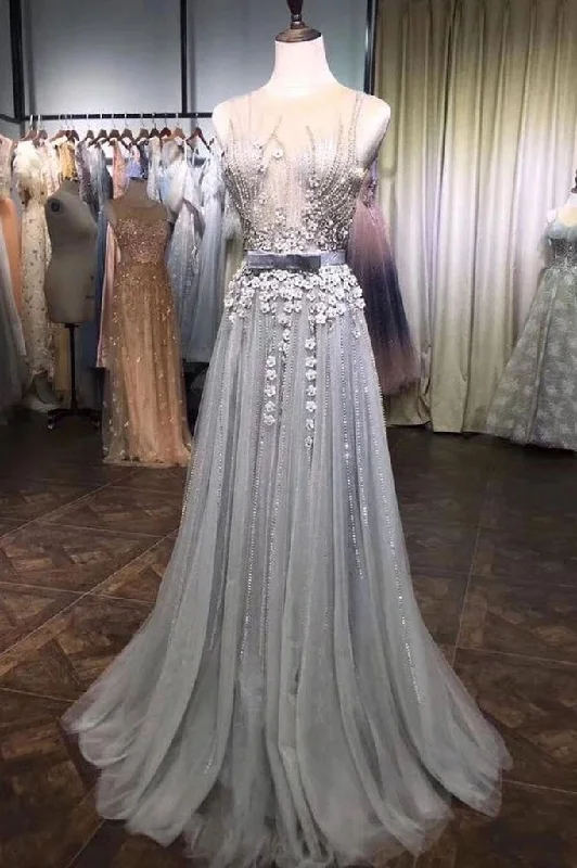A Line Grey Tulle Beads 3D Flowers Round Neck Long Prom Dresses with Belt STI15000