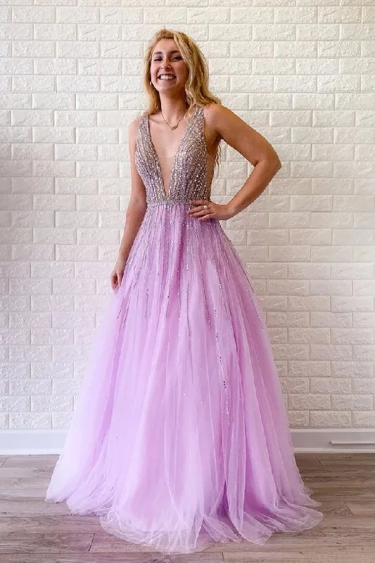 A Line Lilac Deep V Neck Beads Modest Tulle Prom Dresses, Long Formal Dresses STI15490 A Line Lilac Deep V Neck Beads Modest Tulle Prom Dresses, Long Formal Dresses STI15490