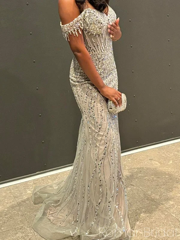 Unique Off-shoulder Sleeveless Mermaid Tulle Long Evening Prom Dresses Online, OLP659 Unique Off-shoulder Sleeveless Mermaid Tulle Long Evening Prom Dresses Online, OLP659