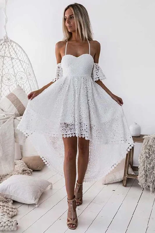Spaghetti Straps Off The Shoulder Elegant Lace High Low Homecoming Dresses C418