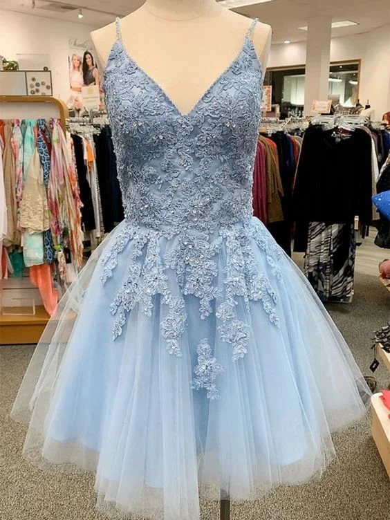 A Line V Neck Blue Lace Appliques Short Homecoming Dresses C603