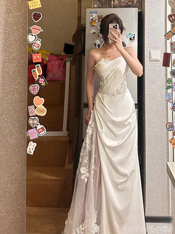 Formal One-shoulder Sleeveless Mermaid Satin Long Prom Dresses With Slit For Party Online, OL458 Formal One-shoulder Sleeveless Mermaid Satin Long Prom Dresses With Slit For Party Online, OL458