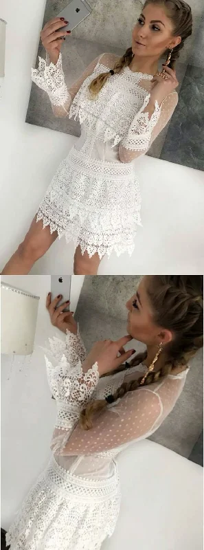 Sheath Crew Long Sleeves Short White Lace Homecoming Dress C621