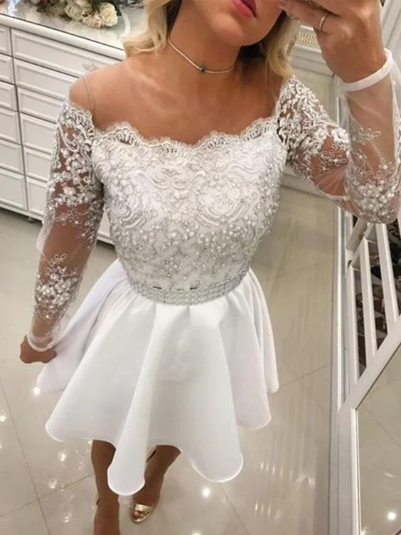 A-Line Off-The-Shoulder Long Sleeve Applique Beading Cut Short/Mini Homecoming Dresses C620 A-Line Off-The-Shoulder Long Sleeve Applique Beading Cut Short/Mini Homecoming Dresses C620
