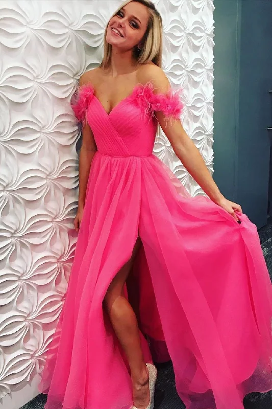 A Line Off the Shoulder Hot Pink Tulle Prom Dresses with Split, Long Formal Dresses STI15493 A Line Off the Shoulder Hot Pink Tulle Prom Dresses with Split, Long Formal Dresses STI15493