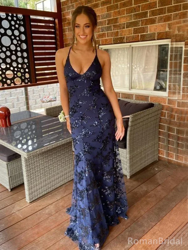 Floral Spaghetti Strap V-neck Sleeveless Mermaid Tulle Long Prom Dresses Online, OL525 Floral Spaghetti Strap V-neck Sleeveless Mermaid Tulle Long Prom Dresses Online, OL525