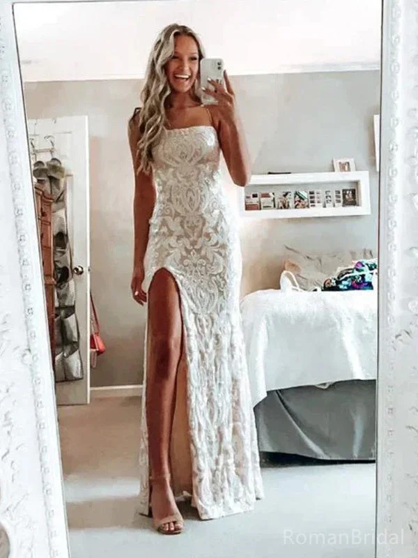 Elegant Spaghetti Strap Sleeveless Mermaid Lace Long Prom Dresses With Slit For Party Online, OL460 Elegant Spaghetti Strap Sleeveless Mermaid Lace Long Prom Dresses With Slit For Party Online, OL460