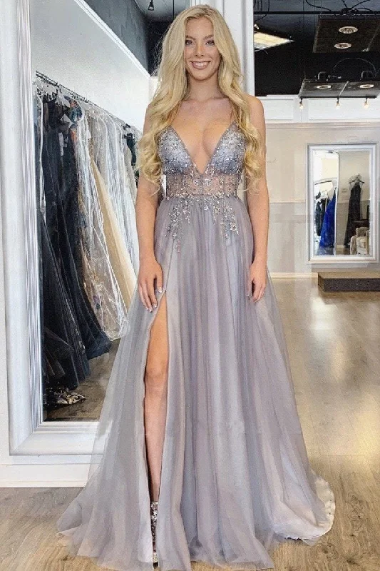 A Line Tulle V Neck Applqiues Prom Dresses With Slit, Spaghetti Straps Long Formal Dresses STI15037 A Line Tulle V Neck Applqiues Prom Dresses With Slit, Spaghetti Straps Long Formal Dresses STI15037
