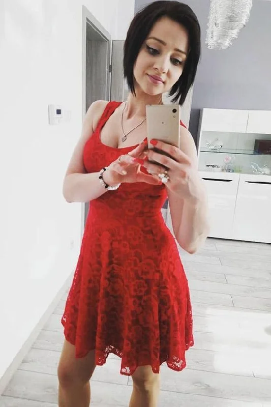A-Line Scoop Neck Red Lace Homecoming Dress, Simple Lace Sweet 16 Dress C1176