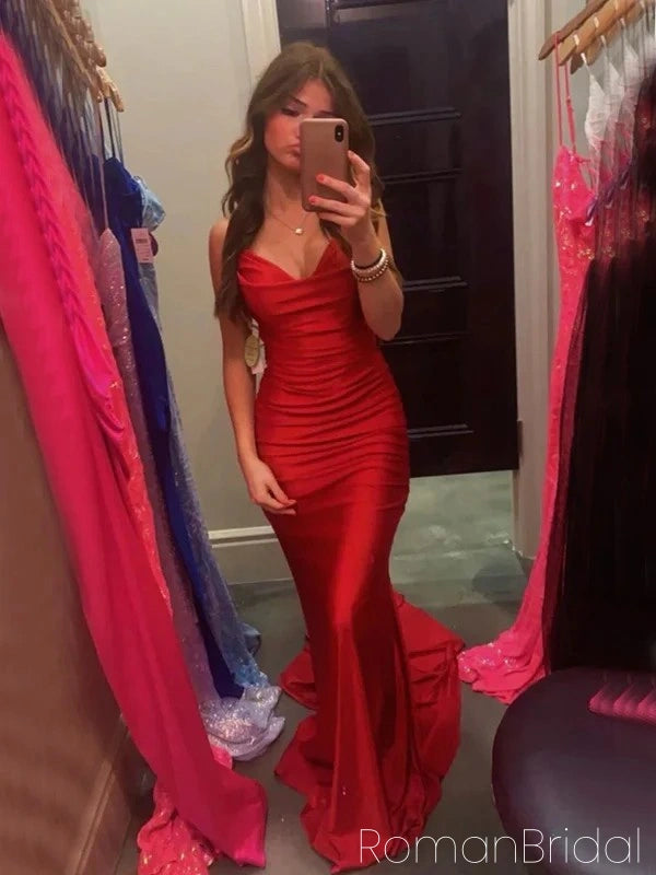 Sexy Spaghetti Strap V-neck Sleeveless Mermaid Satin Long Prom Dresses With Trailing For Party Online, OL417 Sexy Spaghetti Strap V-neck Sleeveless Mermaid Satin Long Prom Dresses With Trailing For Party Online, OL417