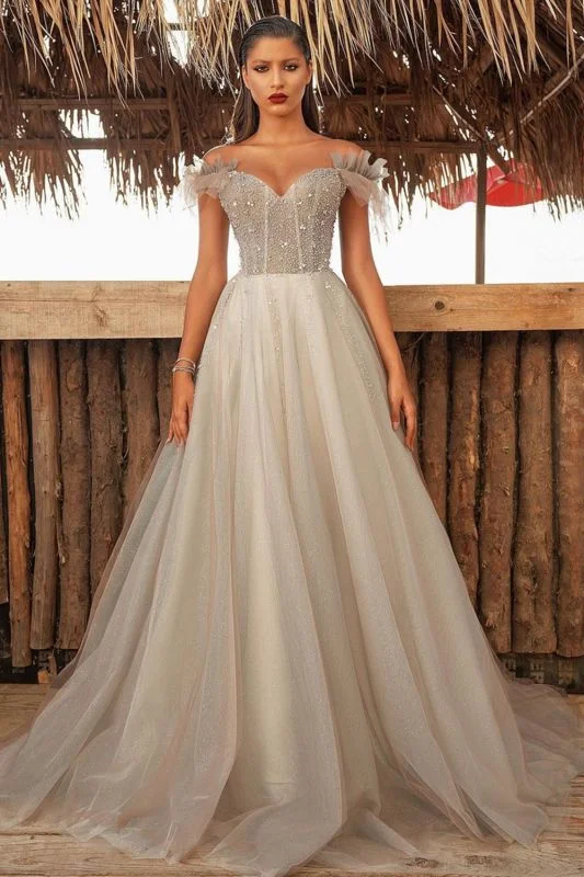 Luxury Off The Shoulder Tulle Silver Prom Dresses Beading Sequins A-Line Evening Dresses Luxury Off The Shoulder Tulle Silver Prom Dresses Beading Sequins A-Line Evening Dresses