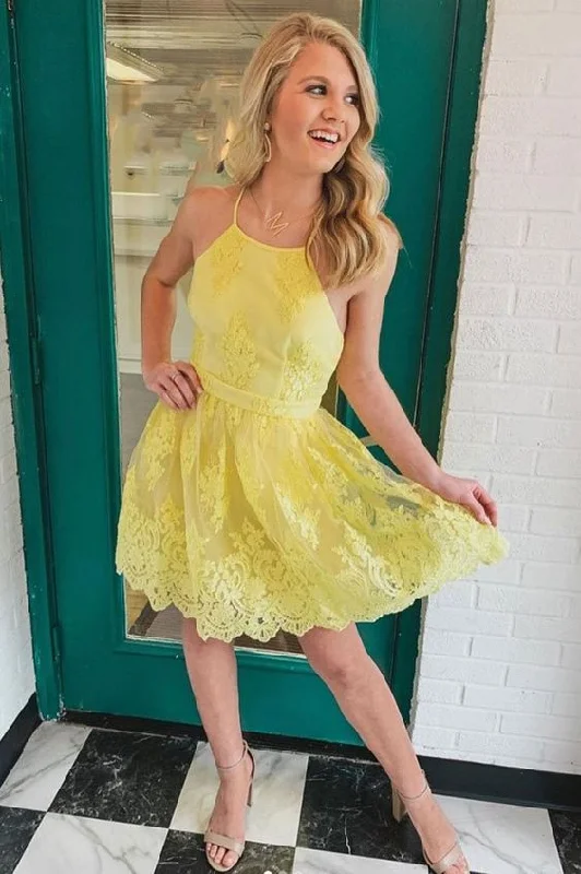 Backless Short Lace Appliques Prom Dresses,A Line Yellow Graduation Homecoming Dresses C886 Backless Short Lace Appliques Prom Dresses,A Line Yellow Graduation Homecoming Dresses C886