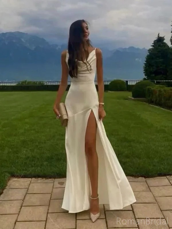 Simple Spaghetti Strap Sleeveless Mermaid Satin Long Prom Dresses With Slit For Party Online, OL431 Simple Spaghetti Strap Sleeveless Mermaid Satin Long Prom Dresses With Slit For Party Online, OL431