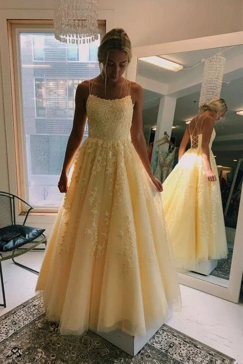 A Line Yellow Tulle Prom Dresses with Lace Appliques, Criss Cross Straps Formal Dresses STI15047 A Line Yellow Tulle Prom Dresses with Lace Appliques, Criss Cross Straps Formal Dresses STI15047