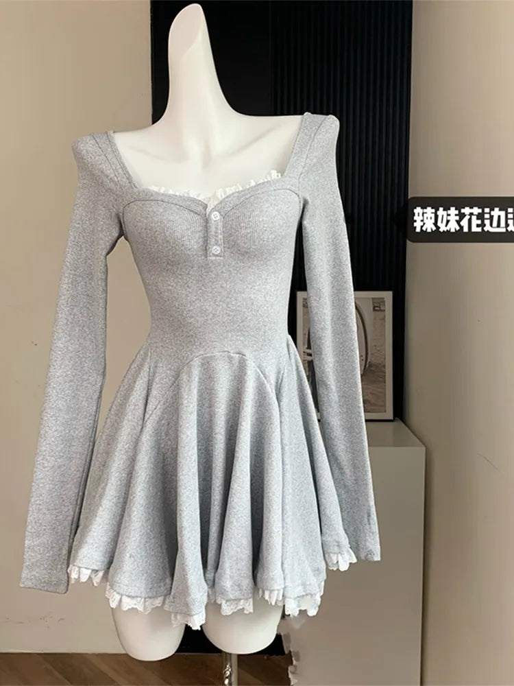 Spring Solid Color Lace Patchwork Women Retro Frocks Square Collar Long Sleeve Pleated Simple Dress Female French Vintage Style Spring Solid Color Lace Patchwork Women Retro Frocks Square Collar Long Sleeve Pleated Simple Dress Female French Vintage Style