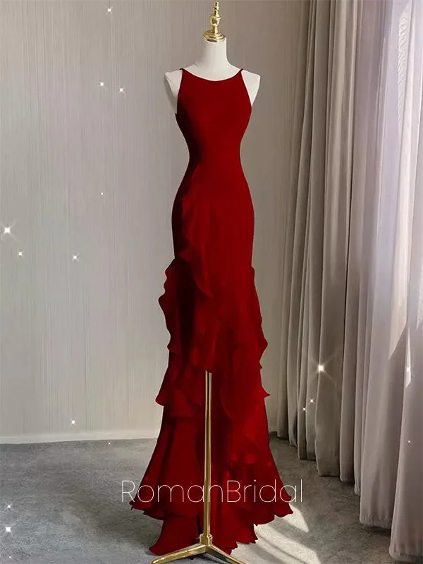 Sexy Halter Strap Sleeveless Mermaid Red Satin Long Evening Prom Dresses Online, OLP626 Sexy Halter Strap Sleeveless Mermaid Red Satin Long Evening Prom Dresses Online, OLP626