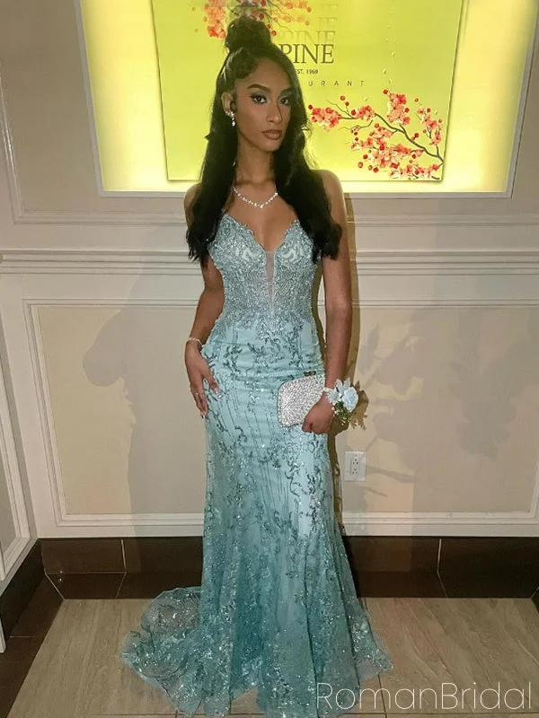 Elegant Spaghetti Strap Sleeveless Mermaid Lace Long Evening Prom Dresses Online, OLP667 Elegant Spaghetti Strap Sleeveless Mermaid Lace Long Evening Prom Dresses Online, OLP667