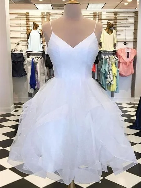 V Neck Short White Homecoming Dresses, Graduation Dresses, Formal Dresses C593