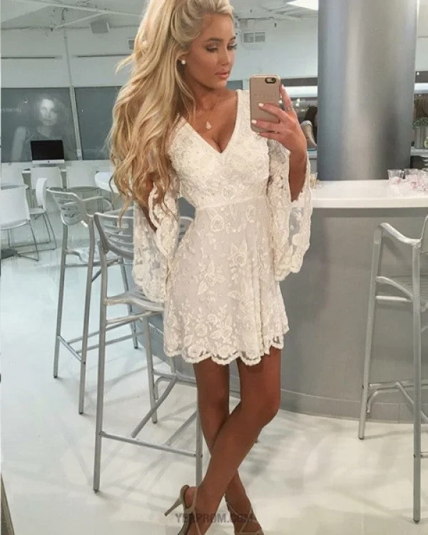 Ivory V Neck A Line Classic Lace Homecoming Dress With Bell Sleeves C613
