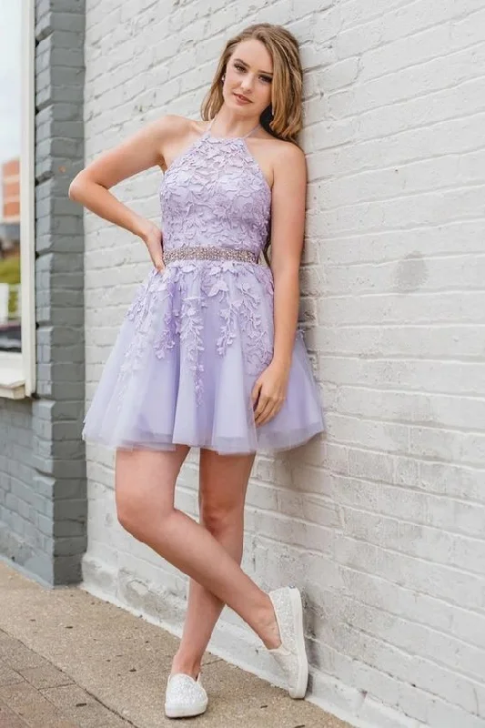 Short lilac homecoming dress features with crew neck, lace applique, beading belt and lace up back.C1027 Short lilac homecoming dress features with crew neck, lace applique, beading belt and lace up back.C1027
