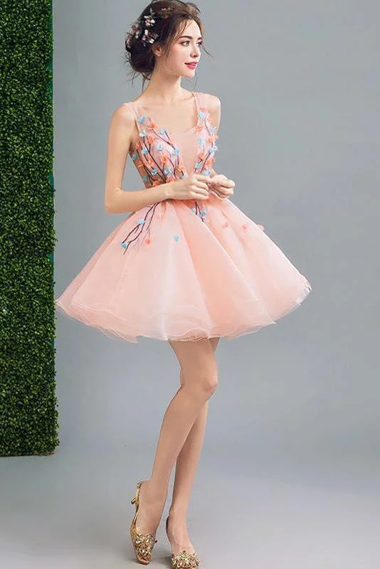 A Line Orange Cheap Ball Gown Spaghetti Straps Above Knee Flowers Homecoming Dresses